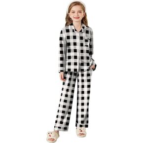 Arshiner Pajamas Set for Girls Plaid Long Sleeve Lounge Set Button Down Pj Sets