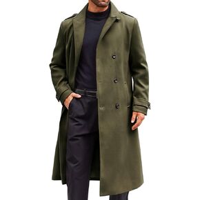 Runcati Mens Double Breasted Trench Coat Notched Lapel Long Peacoat Classic Casual Winter Overcoat