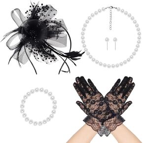 Fumwase 5Pcs Tea Party Fascinators Hat with Lace Gloves Pearl Necklace Earring Bracelet Tea Party Favors Kit