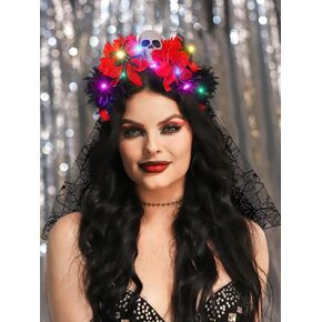 TWINKLEDE Halloween Light Up Headpiece Gothic Hairband Veil Skull Garland Veil Day of the Dead Headband for Women and Girls