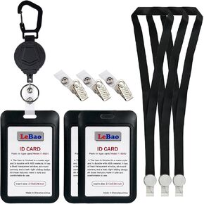 12 Pack Sliding ID Badge Holders, Hard Plastic Vertical Name Holder Tags with Badge Clip Straps, Neck Lanyard Strap, Waterproof for RFID/Proximity/Badge Swipe Cards or Credit Card (Black)