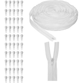 51-Piece Nylon #5 Coil Zippers Set, 50 Yards of 1.3-Inch Wide of Nylon Zipper with 50 Metal Sliders for Sewing, Crafting and Art Supplies, Clothes Making and Repair (White)