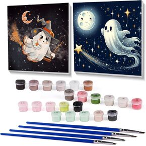 stnckic 2 Pcs Halloween Paint by Numbers Kits for Kids Framed,Ghosts Adults' Paint-by-Number Kits on Canvas Easy Acrylic Oil Painting by Number for Adults Halloween for Home Decor 8x8 inchs