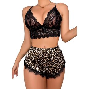 Sexy Sheer Silk Lace Floral Short Pajamas Lingerie Lounge Set 2 Piece