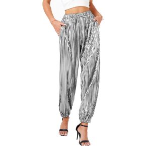 heipeiwa Women's Metallic Pleated Sequin Shiny Joggers Pants Party Club Wear Sweatpant Trouser