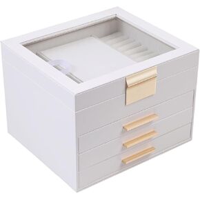 BOOVO Clear Lid Jewelry Box,3 Layers Jewelry Organizer Large Multi-Functional Jewelry Storage Box with 2 Drawers,Jewelry Display Case of Rings Earrings Necklace Bracelets for Women Girls (White)