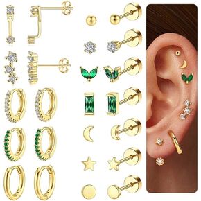 Jewdreamer Dainty Gold Flat Back Earrings Hypoallergenic Cartilage Earring Sets for Multiple Piercing 20G Surgical Stainless Steel Earrings Trendy Earring Stacks Small Hoop Flatback Stud Earrings