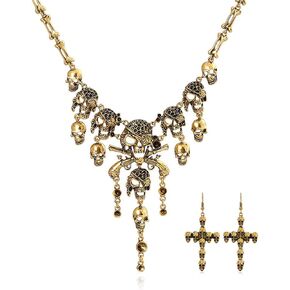 Halloween Pirate Skull Necklace Cross Earrings Sets for Women Horror Punk Bib Collar Necklaces