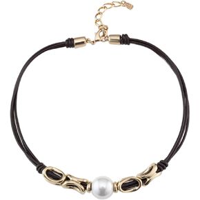 Uno de 50 LEGEND 18K Gold-Plated Necklace with Leather Straps, Oval Links, Adjustable Clasp, Large Pearl, Handmade in Spain, COL1829MARORO0U