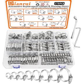Dianrui 175 PCS Hose Clamps Assortment Kit 1/4"–2" (6-51mm) 304 Stainless Steel Worm Gear Hose Clamp,Heavy Duty Small Hose Clamps for pipe, Fuel Line; Plumbing, Intercooler, Tube and Automotive