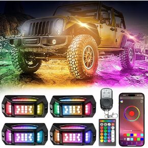 Rock Lights for Trucks, 4 Pods RGB LED Rock Lights Kit with APP/RF Remote Control & Music Mode, Full Angle Waterproof Underglow Lights for Car Trucks Jeep UTV RZR SUV ATV Boat Golf Cart