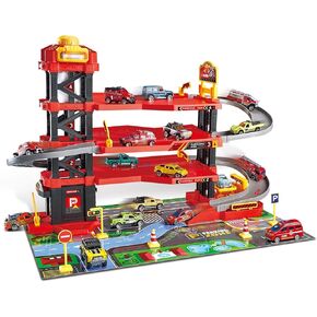 Dollox Parking Garage Toy Playset, Race Car Ramp Track Toys Sets Garage Playset with 6 Little Alloy Racer Cars Adventure Track, 3 Parking Levels Christmas Birthdays Gifts for Age 3 4 5 6 7 Boys Girls