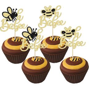 24Pcs Bumble Bee Cupcake Toppers Little Figurine Bee Cupcake Picks Oh Babee Cake Decorations for Bee Theme Baby Shower Kids Boys Girls Birthday Party Decoration Supplies