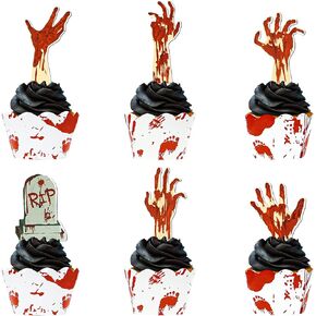 72PCS Halloween Cupcake Toppers Supplies 36 PCS Zombie Hand Tombstone Cupcake Toppers And 36 PCS Horror Red Handprint Cupcake Wrapper For Halloween Party Zombie Theme Party