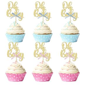 Gyufise 36Pcs Oh Baby Cupcake Toppers Pink Blue Bow Glitter Baby Shower Gender Reveal Cupcake Picks for Boy or Girl Theme Baby Shower Kids Birthday Party Cake Decorations Supplies