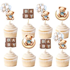 36 PCS Baby Shower Bear Cupcake Toppers Selection Baby Bear Theme Baby Shower Decorative Supplies Jungle Animal Theme Baby Shower Birthday Party Cake Decorative Supplies blue