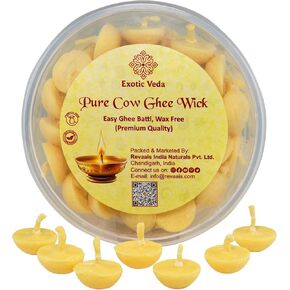 Cow Ghee Batti Cotton Wick - Organic, Handcrafted, Non-Toxic, Puja Items | Ghee Wicks for Pooja | Long-Lasting, Aromatic Ghee Diya Wicks for Pooja | Eco-Conscious, Clean-Burning Pack of 50