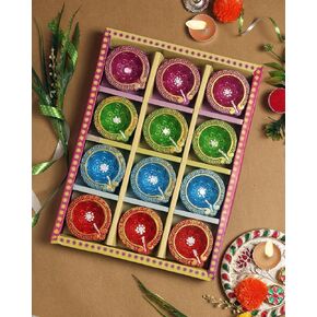 Handmade Leaf Terracoaat Set of 12 Multicolor Clay Diya for Diwali/Navratri Decorations Oil Lamp Diwali Clay Diya Tea Light Holder Indian Decor Festival Gifts Puja Items-DIYA11H04