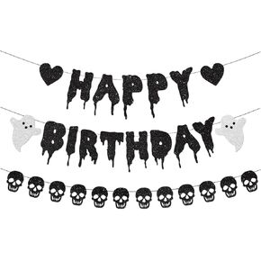 Black Glitter Halloween Birthday Banner Black Heart Skull Garland Halloween Happy Birthday Decorations for Halloween Birthday Party Decorations Theme Baby Shower Supplies