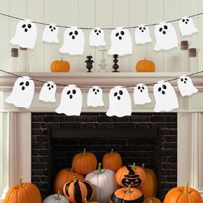 Halloween Ghost Banner Decorations - White Glittery Spook Garland Bunting Banner for Haunted Houses Wall Doorways Indoor Outdoor Home Mantel Decorations Party Supplies