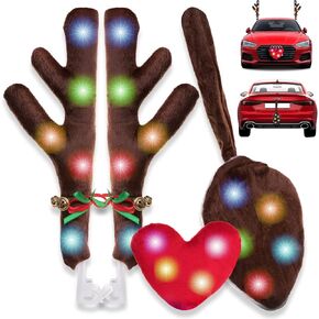 Vaygway Christmas Car Reindeer Antlers Kit with LED Lights, Red Heart Nose, Tail, and Jingle Bells- Car Decoration Kit for Window, Rooftop, Front Grille- Auto Accessories Set for Car, Truck, Van