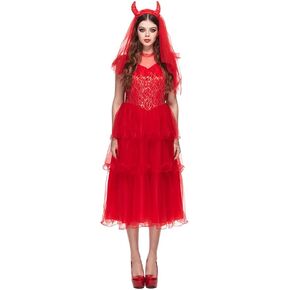 EraSpooky Adult Womens Red Devil Bride Costume Villainous Demon Halloween Wedding Dress with Devil Horns Veil