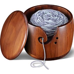 Foxyoo Yarn Bowl for Crocheting - 7x5in Large Wood Knitting Bowl with Lid