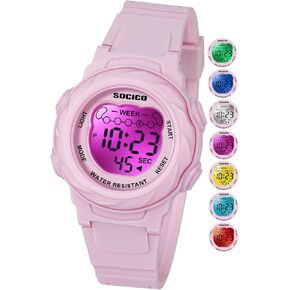SOCICO Kids Digital Watches for Girls Boys, Waterproof 5ATM, 7 Color Lights Waterproof Watches for Kids with Alarm Stopwatch, Soft Band Wrist Watch for Girls and Boys Ages 5-12.