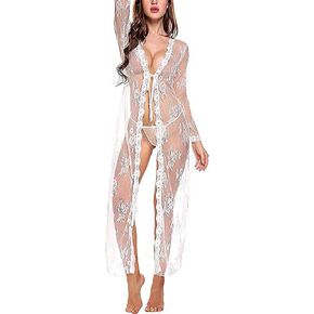 Women Sexy Robe Lace Sheer Long Kimono Nightgown Lingerie with G-string