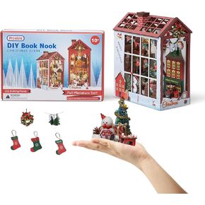 Prextex DIY Christmas Book Nook - 232 Building Pieces - Full Miniature Set with AAA Battery (Not Included) Operated Lights - Complete Toolkit Included - Ideal Holiday Decor for Ages 10+