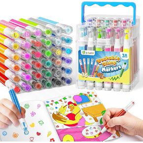 D-FantiX 36 Colors Washable Markers for Kids, Stamp Markers Coloring Set with Coloring Books and Stand Portable Box, Back to School Supplies for Girls Boys, Kids Road Trip Activities