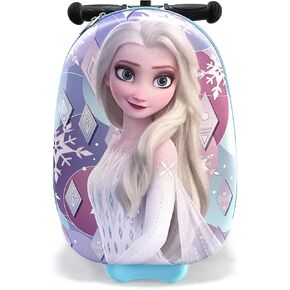 Fast Forward Frozen Scooter Suitcase for Kids – 18" Lightweight Disney Frozen Suitcase for Girls – Ride On Suitcase 4" Wider Non-Slip Standing Deck with Weight Limit (Luggage 11lbs and Scooter 100lbs)