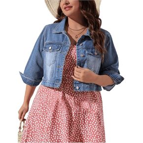 Floerns Women's Plus Size 3/4 Sleeve Flap Pocket Button Front Crop Jacket Top