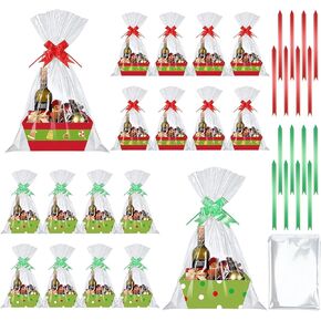 Cholemy 24 Pcs Christmas Gift Baskets Empty Kit Include 8 Kraft Market Trays 8 Bags and 8 Bows Cardboard Baskets for Gifts Empty with Handles for Christmas Birthdays Weddings Anniversaries