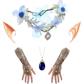 Elf Ear and Flower Crown Tiara Set, Renaissance Fairy Costume with Lace & Embroidery Fingerless Gloves Accessories
