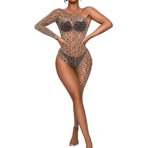 One Shoulder Mesh Jumpsuit, Sexy Fishnet Leopard Bodysuit Rave Party Club Music Festival, Exotic Wear Dancer Outfits