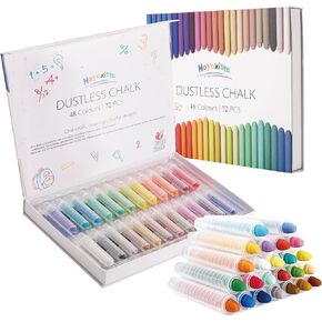 Dustless Chalk With Holder,Non-Toxic Washable Chalks set includes 72 pieces colored chalks,Colored chalk performs well on smooth surfaces such as blackboards, greenboards, and paper.