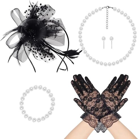 Fumwase 5Pcs Tea Party Fascinators Hat with Lace Gloves Pearl Necklace Earring Bracelet Tea Party Favors Kit in Saudi Arabia