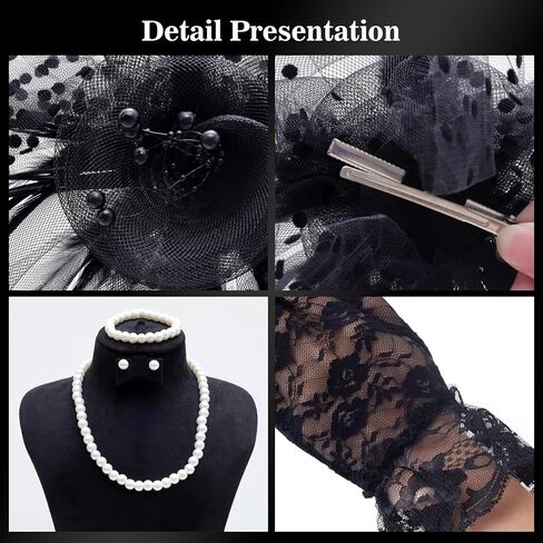 Fumwase 5Pcs Tea Party Fascinators Hat with Lace Gloves Pearl Necklace Earring Bracelet Tea Party Favors Kit in Saudi Arabia