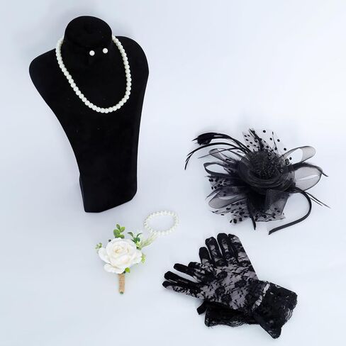 Fumwase 5Pcs Tea Party Fascinators Hat with Lace Gloves Pearl Necklace Earring Bracelet Tea Party Favors Kit in Saudi Arabia