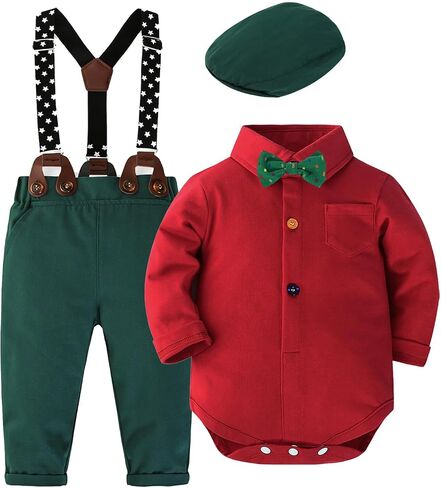 SALNIER Baby Boy Suit Set Infant Formal Outfit Tuxedo | Soft Cotton Shirt Suspenders Pants Bow Tie Beret Hat 5pcs Set, For Wedding Baptism Birthday Party in Saudi Arabia