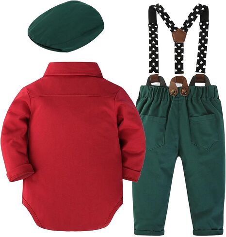 SALNIER Baby Boy Suit Set Infant Formal Outfit Tuxedo | Soft Cotton Shirt Suspenders Pants Bow Tie Beret Hat 5pcs Set, For Wedding Baptism Birthday Party in Saudi Arabia