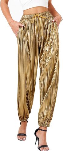 heipeiwa Women's Metallic Pleated Sequin Shiny Joggers Pants Party Club Wear Sweatpant Trouser in Kuwait