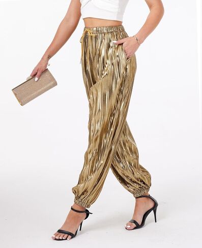 heipeiwa Women's Metallic Pleated Sequin Shiny Joggers Pants Party Club Wear Sweatpant Trouser in Kuwait