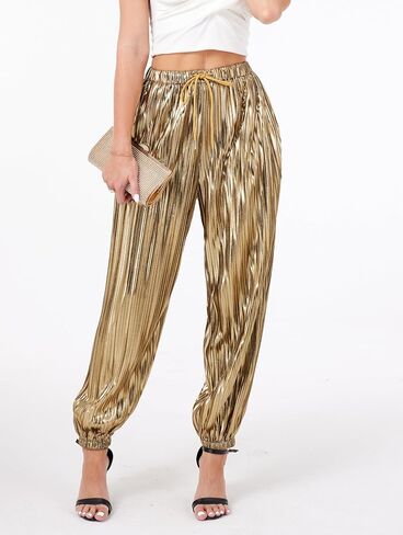 heipeiwa Women's Metallic Pleated Sequin Shiny Joggers Pants Party Club Wear Sweatpant Trouser in Kuwait