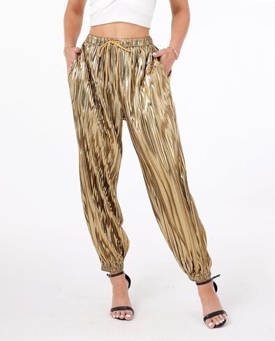 heipeiwa Women's Metallic Pleated Sequin Shiny Joggers Pants Party Club Wear Sweatpant Trouser in Kuwait