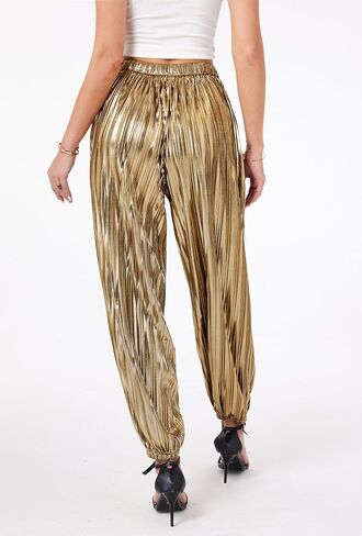 heipeiwa Women's Metallic Pleated Sequin Shiny Joggers Pants Party Club Wear Sweatpant Trouser in Kuwait
