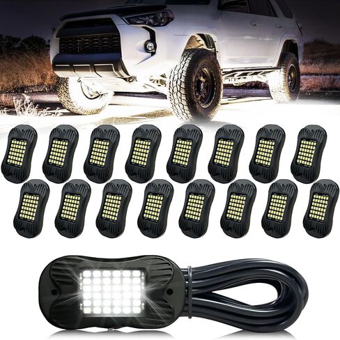 SHINIGHT 16 Pods White Rock Lights 6000K White Pure Super Bright Underglow Light، 10FT/3M أسلاك تمديد لكل ضوء، 36 LED SMD Chips، مقاومة للماء IP68، أضواء الصخور للشاحنات UTV ATV SUV Boats in Kuwait