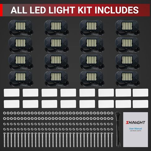 SHINIGHT 16 Pods White Rock Lights 6000K White Pure Super Bright Underglow Light، 10FT/3M أسلاك تمديد لكل ضوء، 36 LED SMD Chips، مقاومة للماء IP68، أضواء الصخور للشاحنات UTV ATV SUV Boats in Kuwait