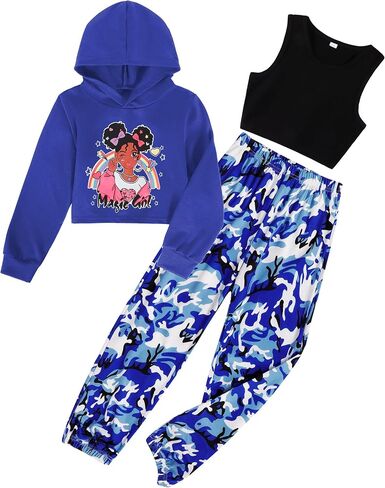Girls Clothes Fall Outfit High Waisted Hoodie Sweatshirt Vest Camouflage Pants 3 Piece Girls Clothing Set in Saudi Arabia
